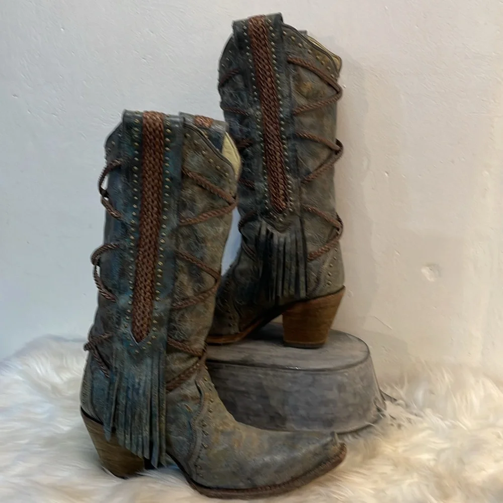 #0167 Corral Vintage Leather Snip Toe Cowboy Boot With Fringe-7.5 - Picture 3 of 15